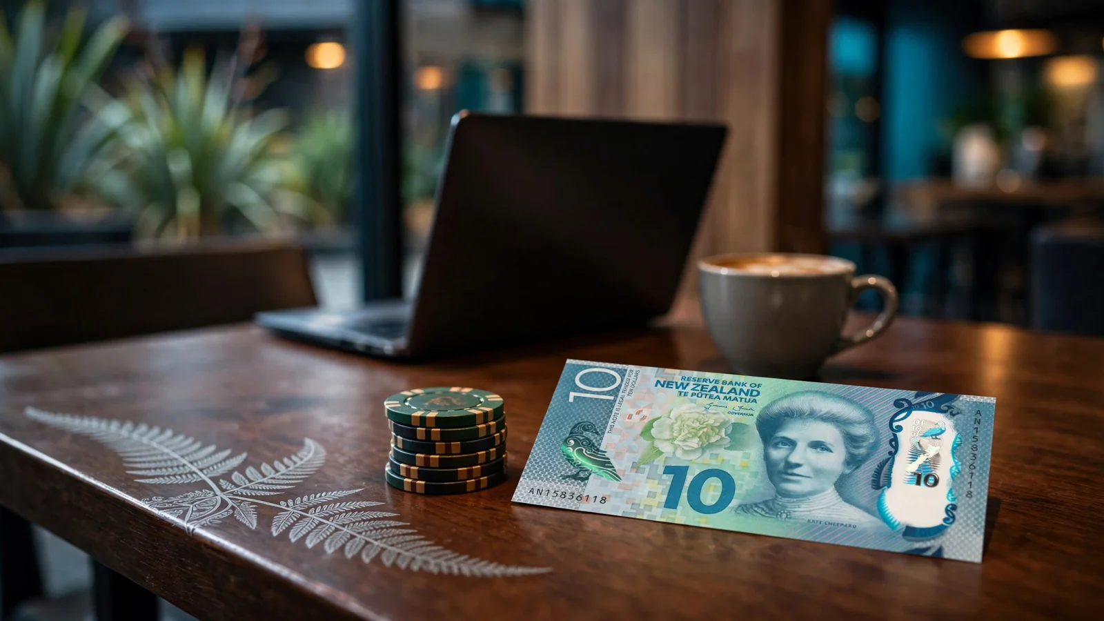 Casino chips and a NZ$10 note on a polished table with a laptop in the background