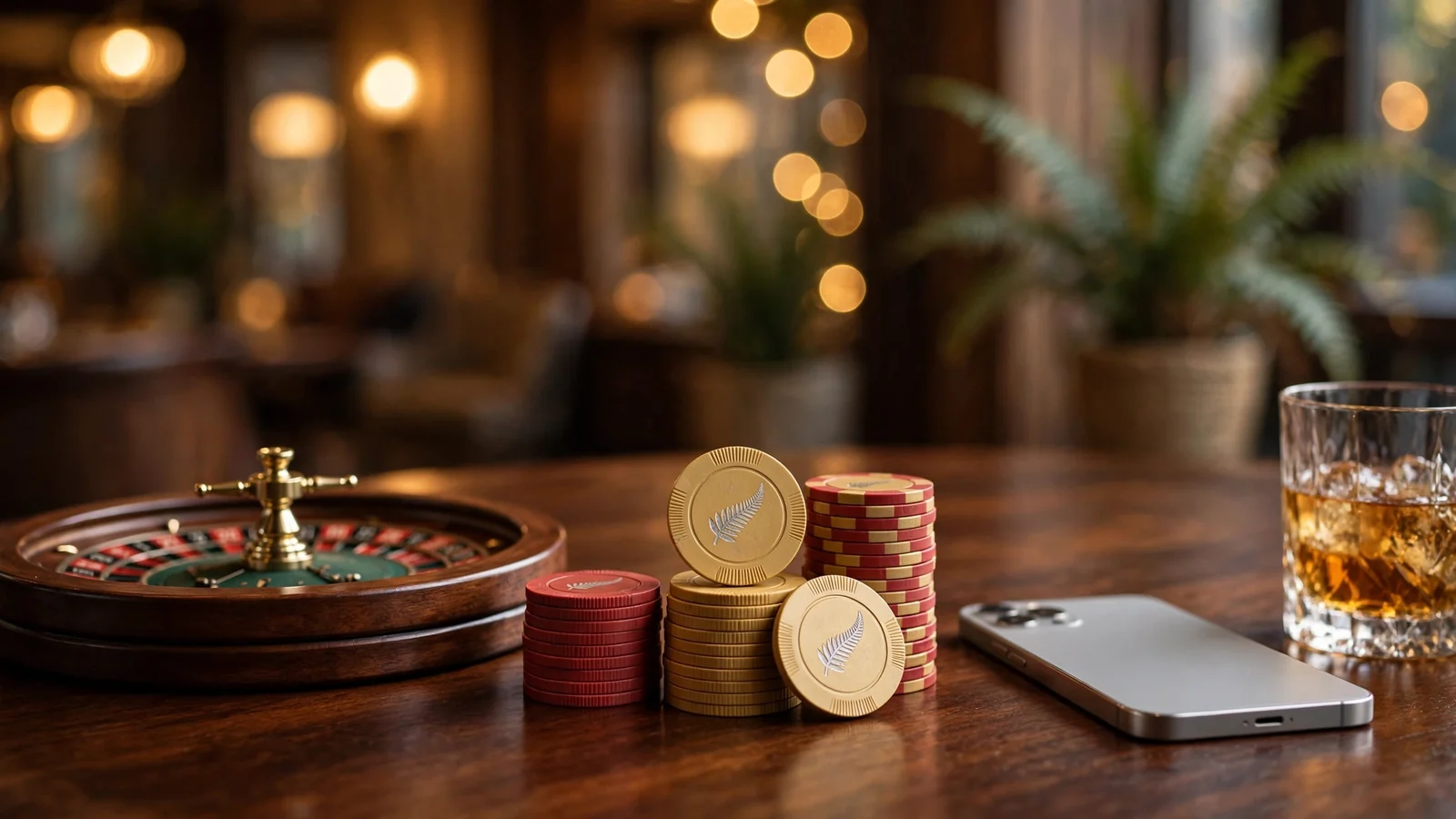 Roulette wheel with colorful casino chips and a face-down phone on a dark table, warm bokeh lighting, New Zealand fern detail.