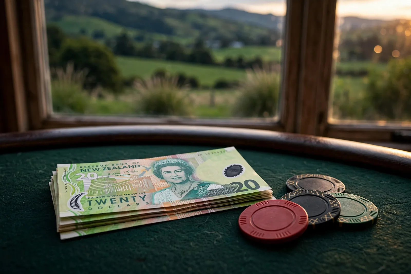 NZ twenty-dollar notes and casino chips on a felt surface with a New Zealand landscape visible behind.
