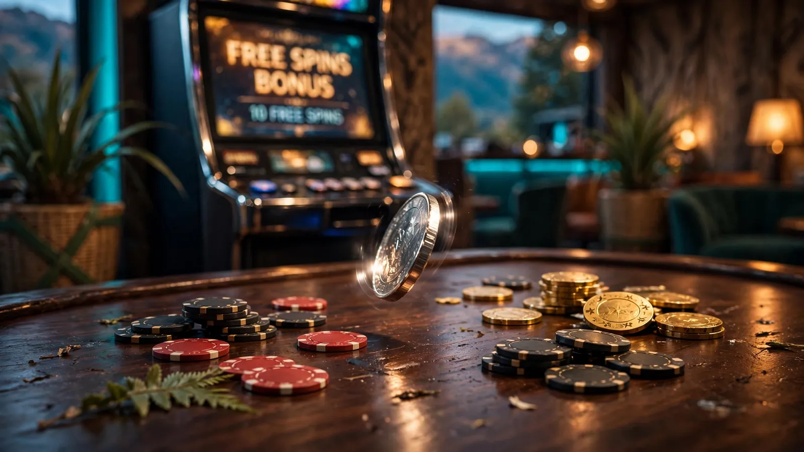 Casino chips and a spinning coin on a dark table in a New Zealand lounge