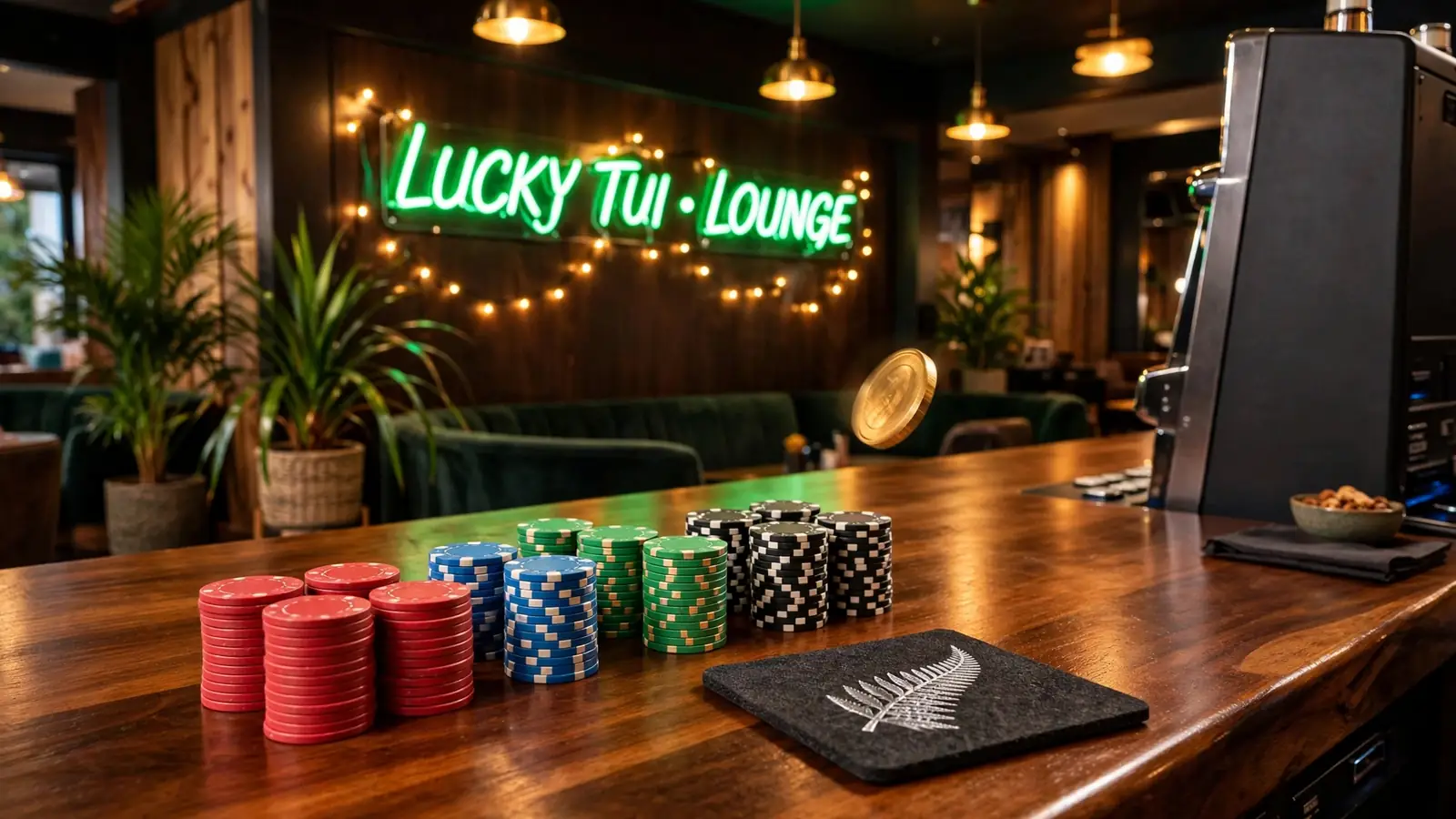 Casino lounge interior with spinning coins and chips in New Zealand