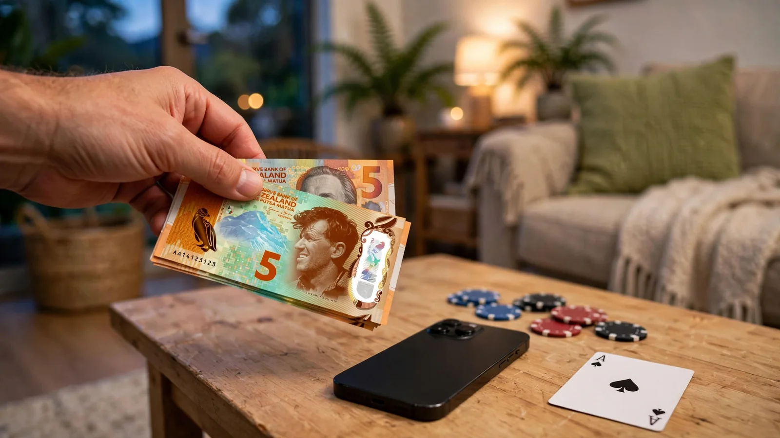 NZ$5 banknotes, casino chips, and a face-down smartphone on a coffee table