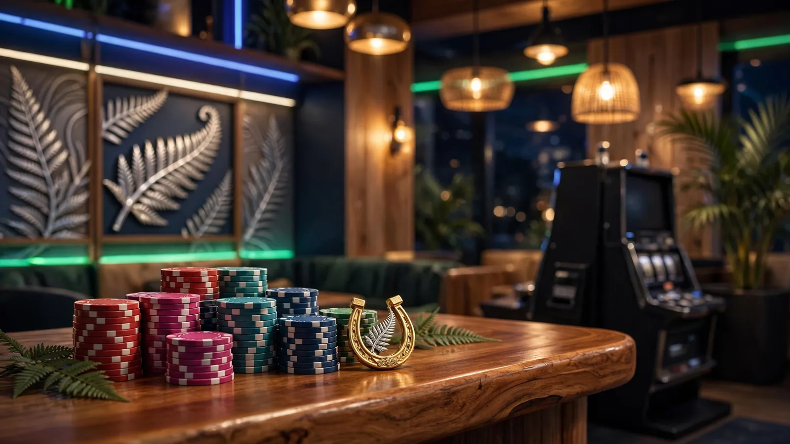Stylized New Zealand casino lounge with chips and silver fern decor