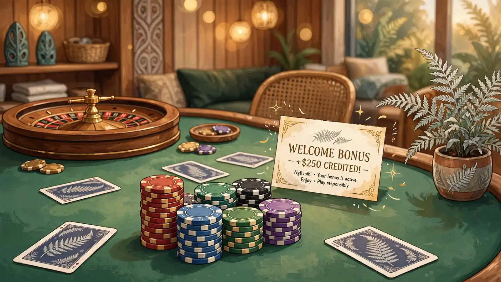 Casino table with roulette wheel, chips and New Zealand decor