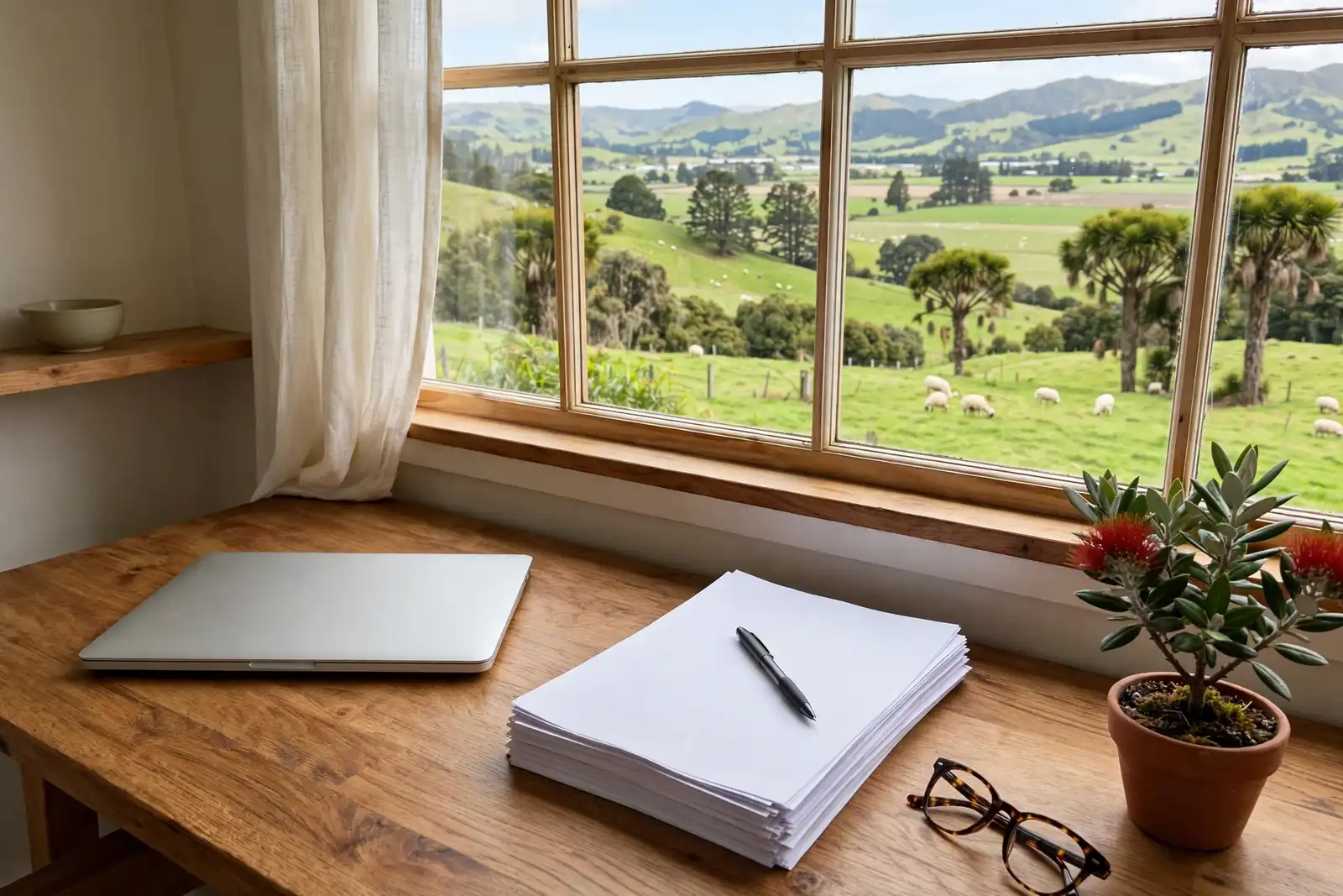 Desk with assessment papers, closed laptop, and a pōhutukawa plant in a sunlit New Zealand office
