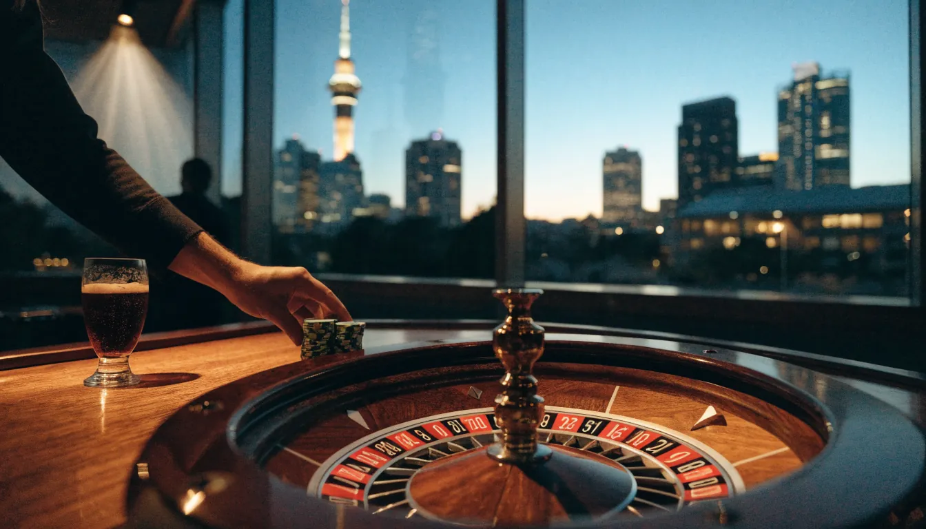 American roulette wheel on a casino table with Auckland skyline at dusk