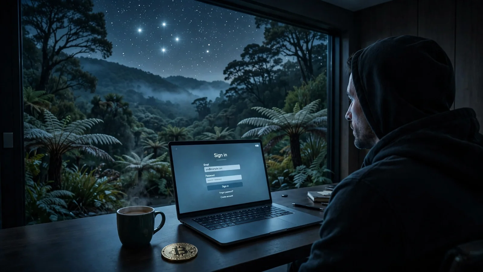 Anonymous crypto casino player in New Zealand at night with Bitcoin