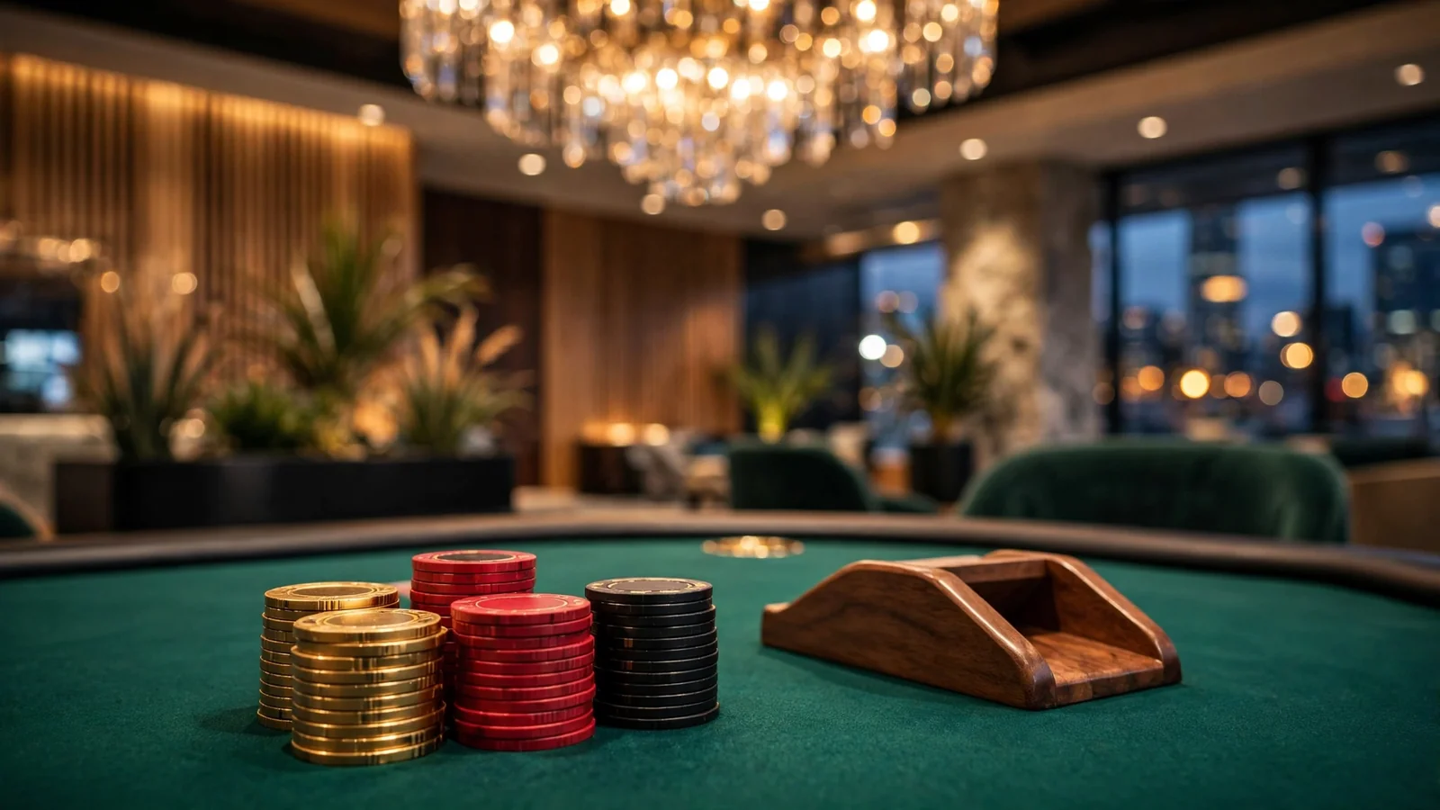 Elegant baccarat table with stacked casino chips in a New Zealand casino lounge
