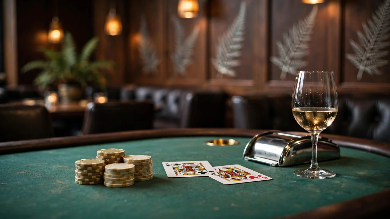 Elegant baccarat table with chips and cards in a New Zealand-styled casino lounge.