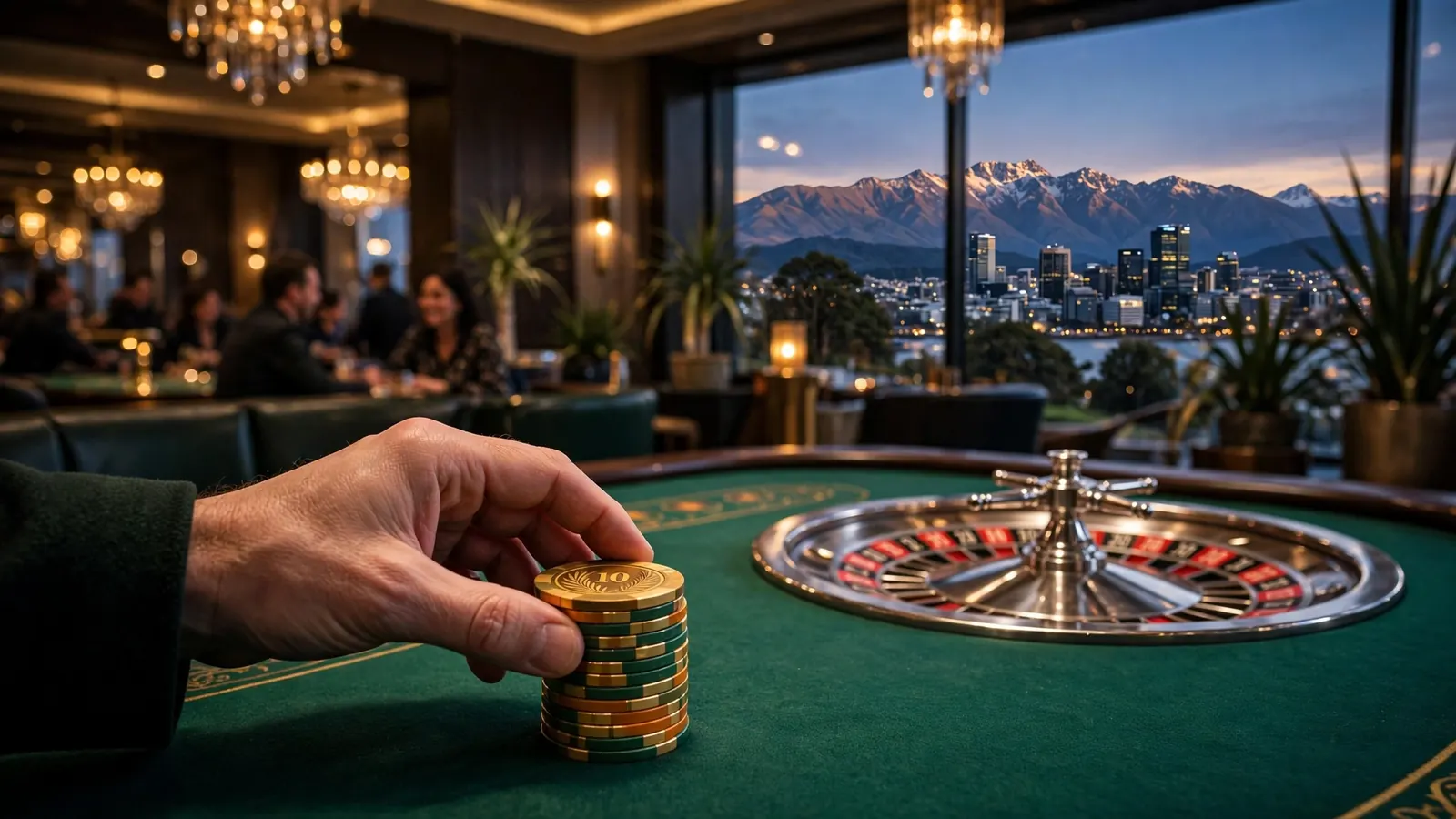 Casino chips and roulette wheel in an elegant lounge overlooking a New Zealand city skyline at dusk