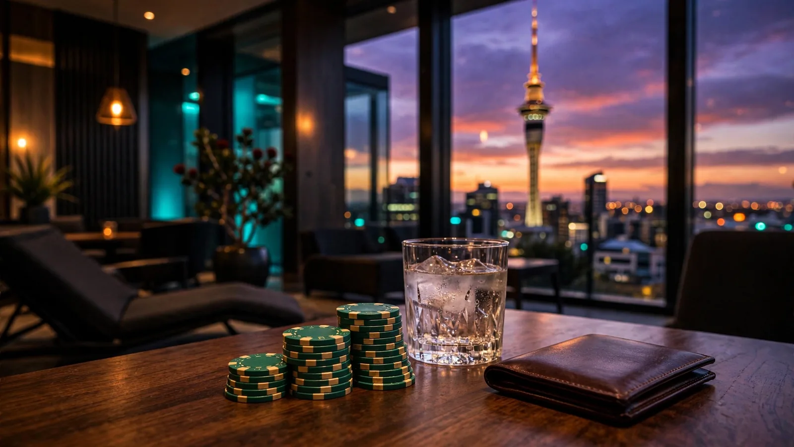 Casino chips and a card holder on a table with Auckland Sky Tower at sunset.