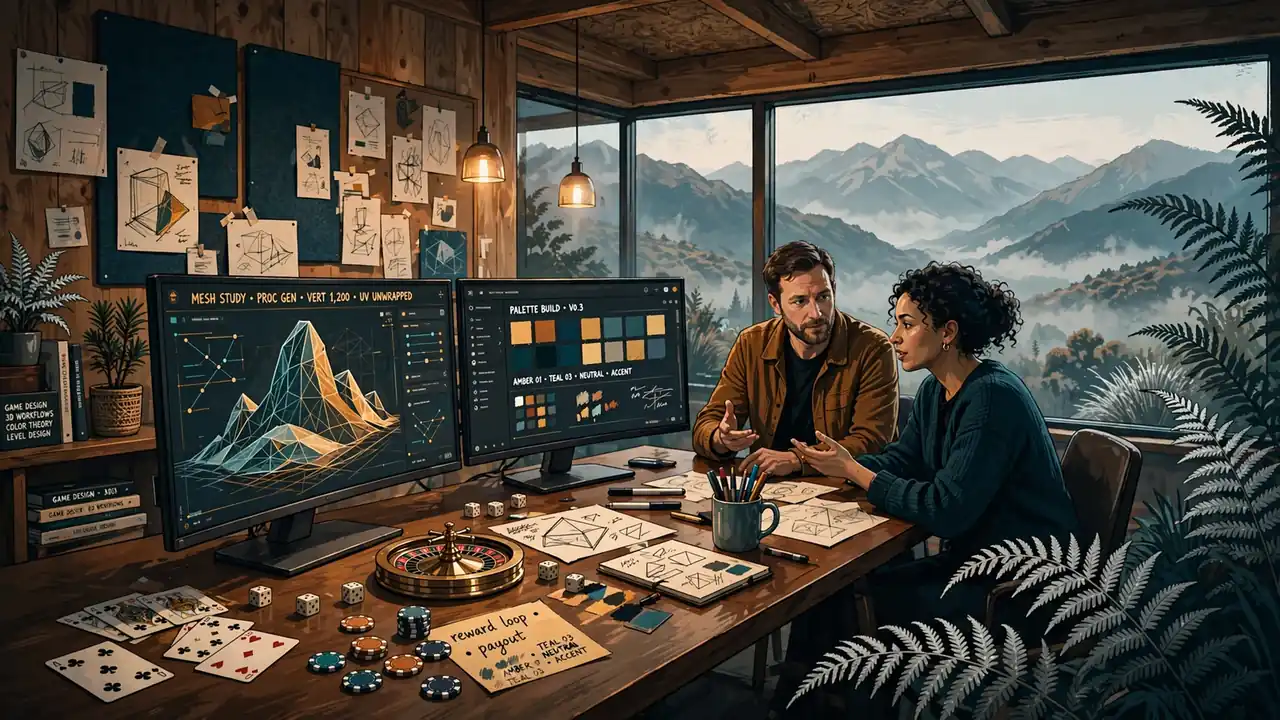 Modern game studio interior with casino design props and New Zealand alpine view