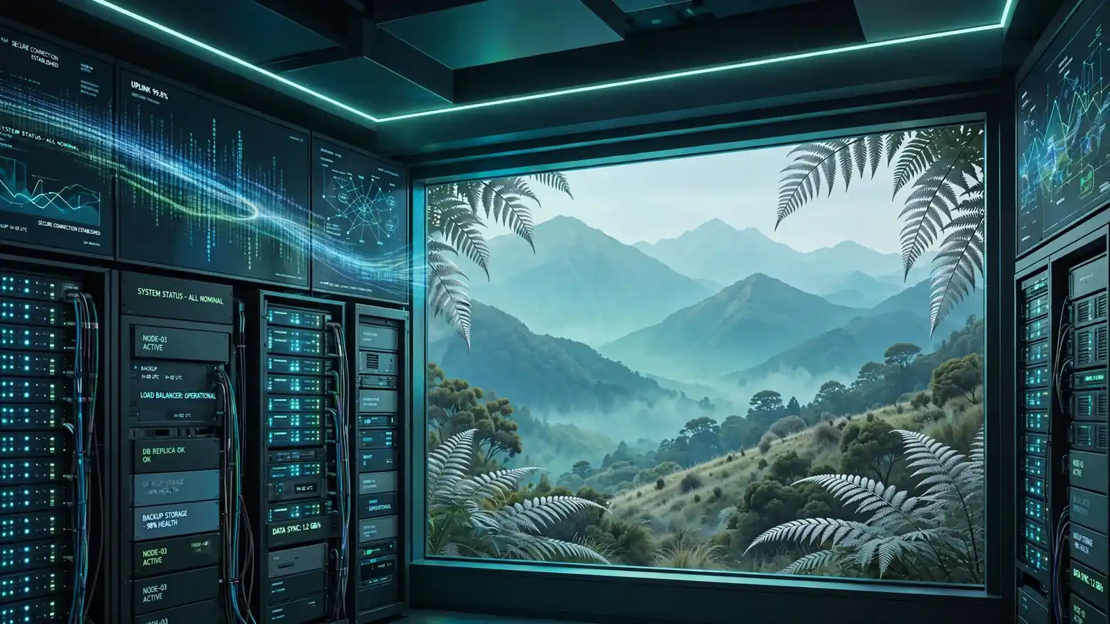 Casino software backend servers with New Zealand mountain view through window
