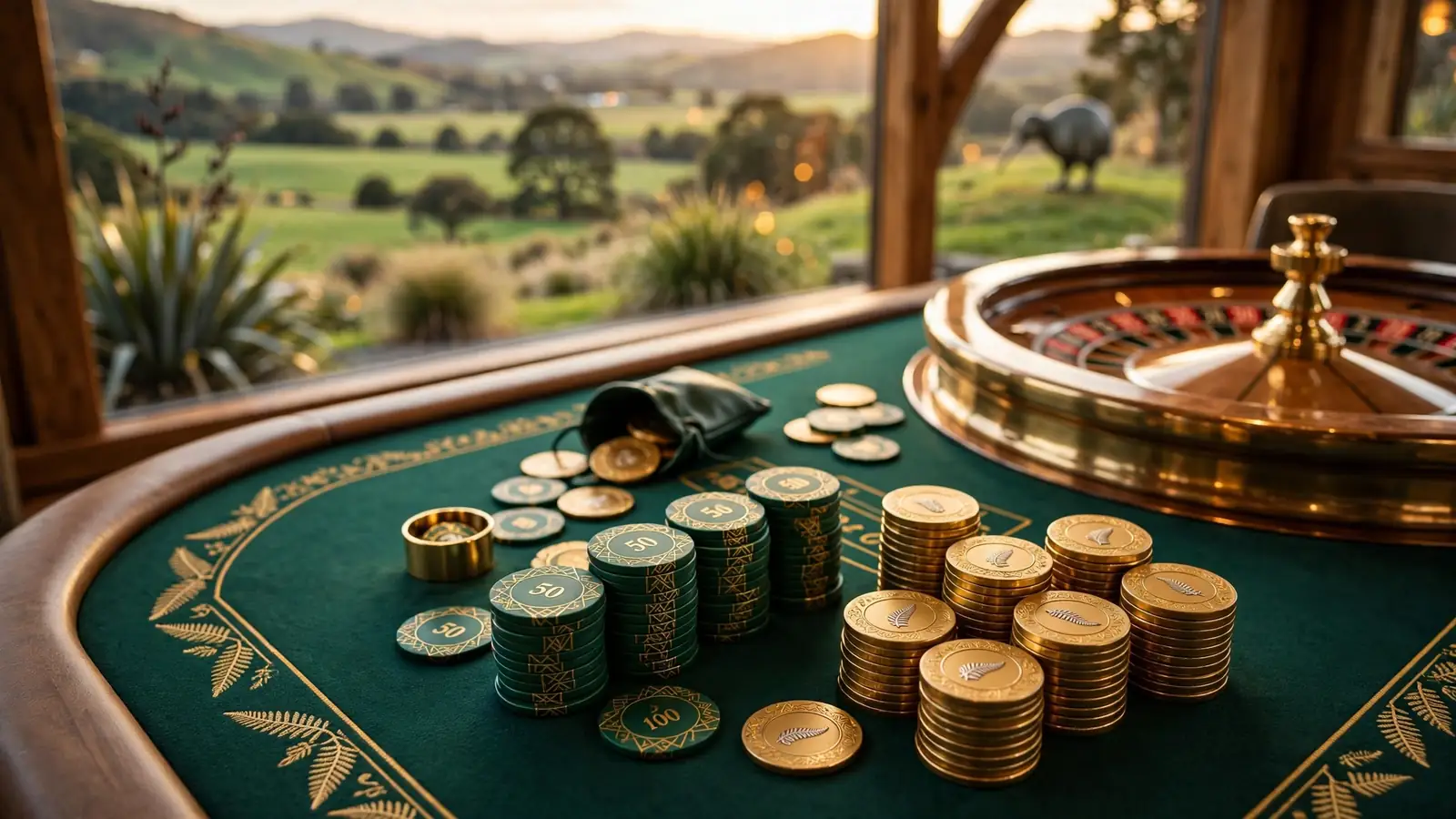 Casino chips and roulette wheel with New Zealand landscape backdrop