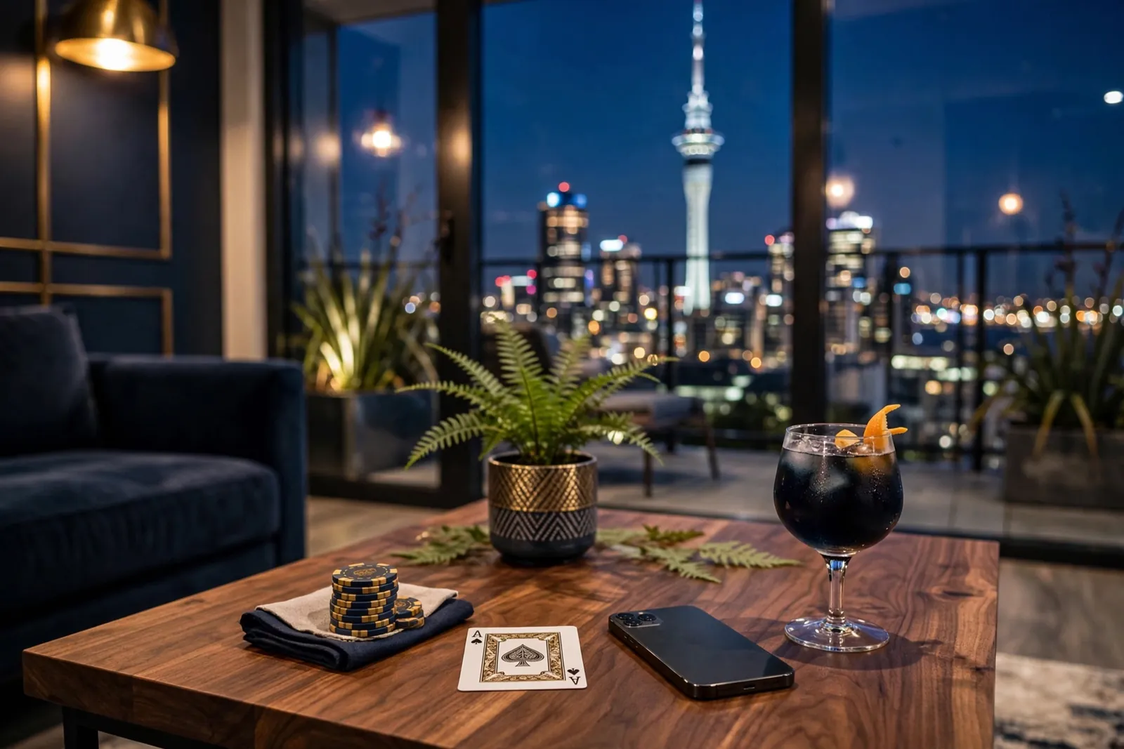 Stylish Auckland lounge with casino chips, card, and phone at evening