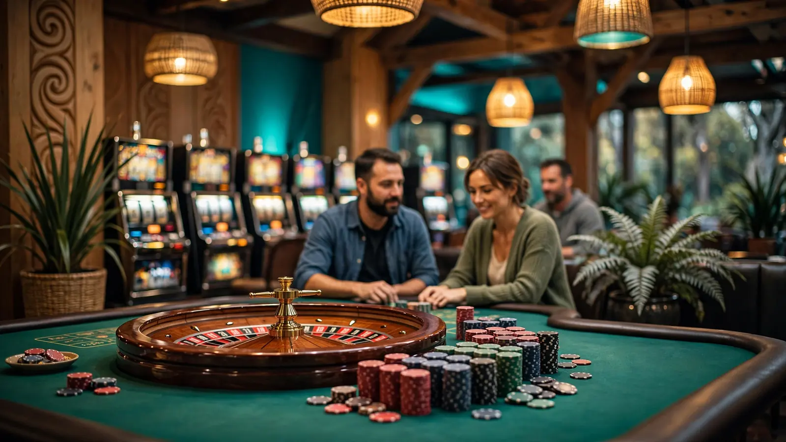 Casino table with roulette wheel and chips in moody lighting