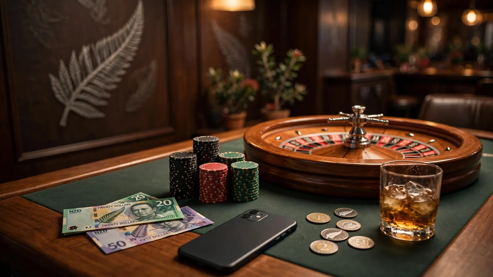 Casino table with chips, roulette wheel and NZD banknotes in a lounge setting.