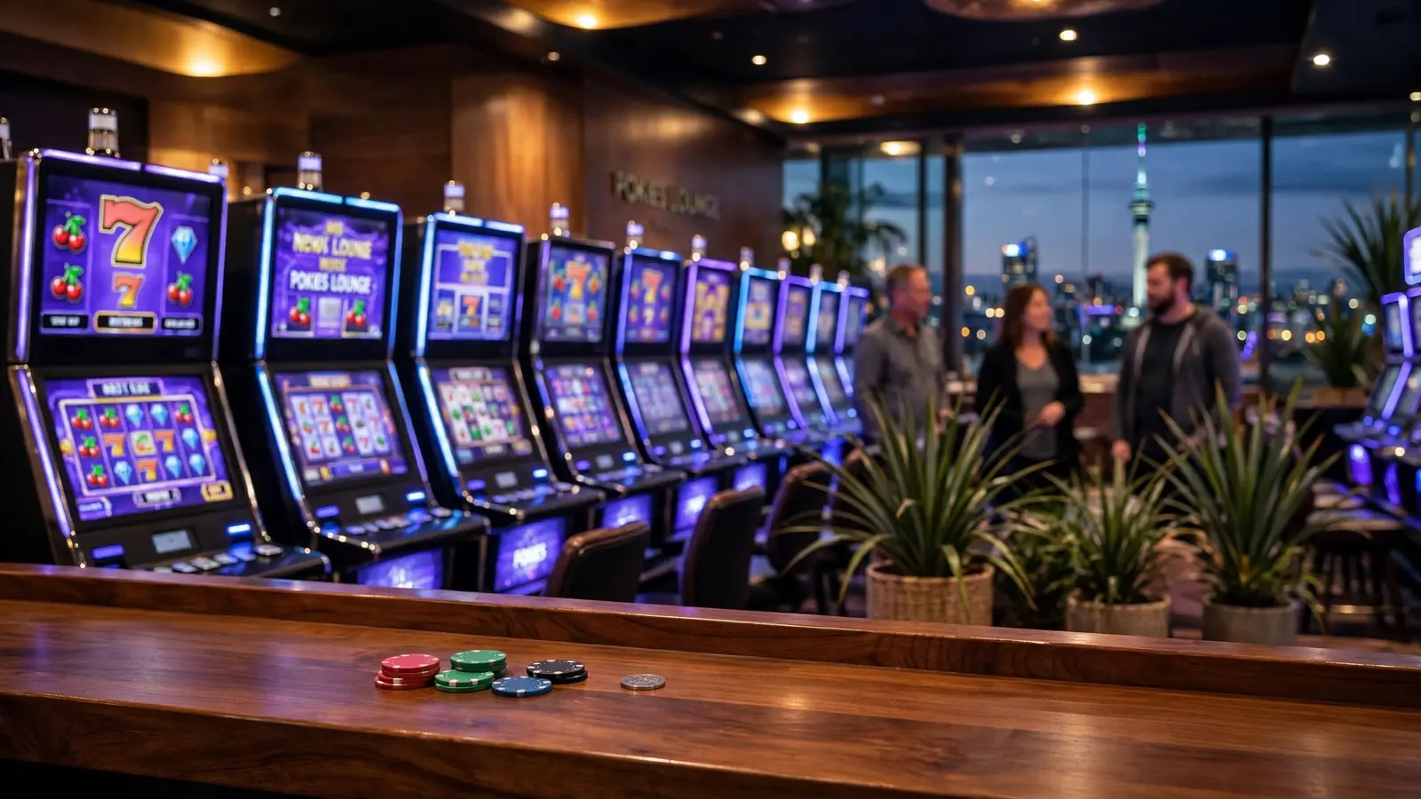 Glowing pokie machines inside a New Zealand casino at night
