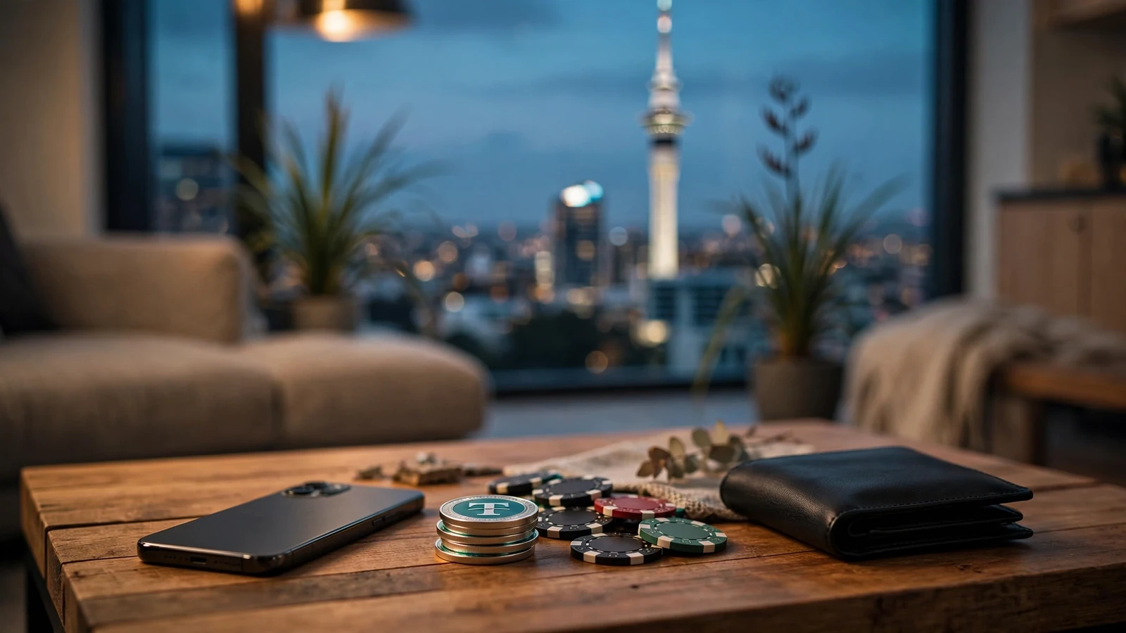 USDT token coins, poker chips, and a phone on a table in an Auckland apartment.