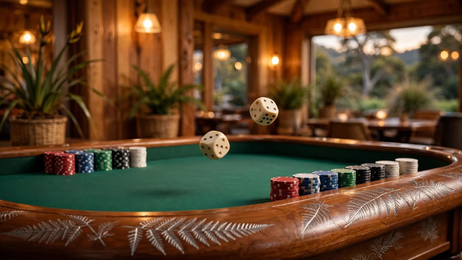 Ivory dice rolling on a green craps table with stacked chips and silver fern detail