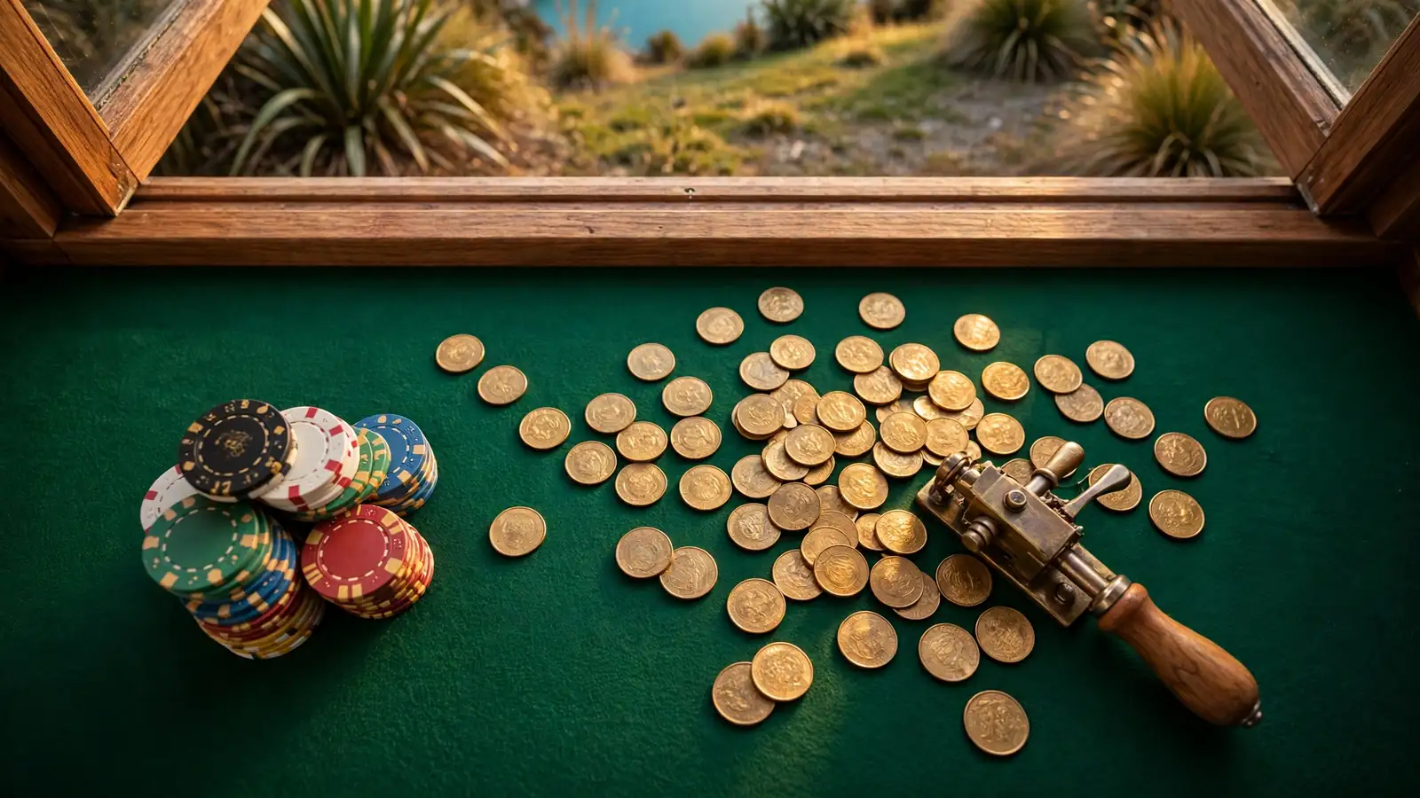 Stacks of casino chips and gold coins on green felt beside a vintage lever, New Zealand mountains through window