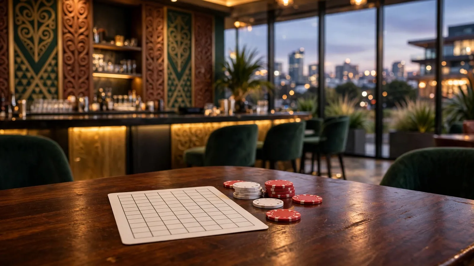 Stylish New Zealand casino lounge interior with keno card and chips on table