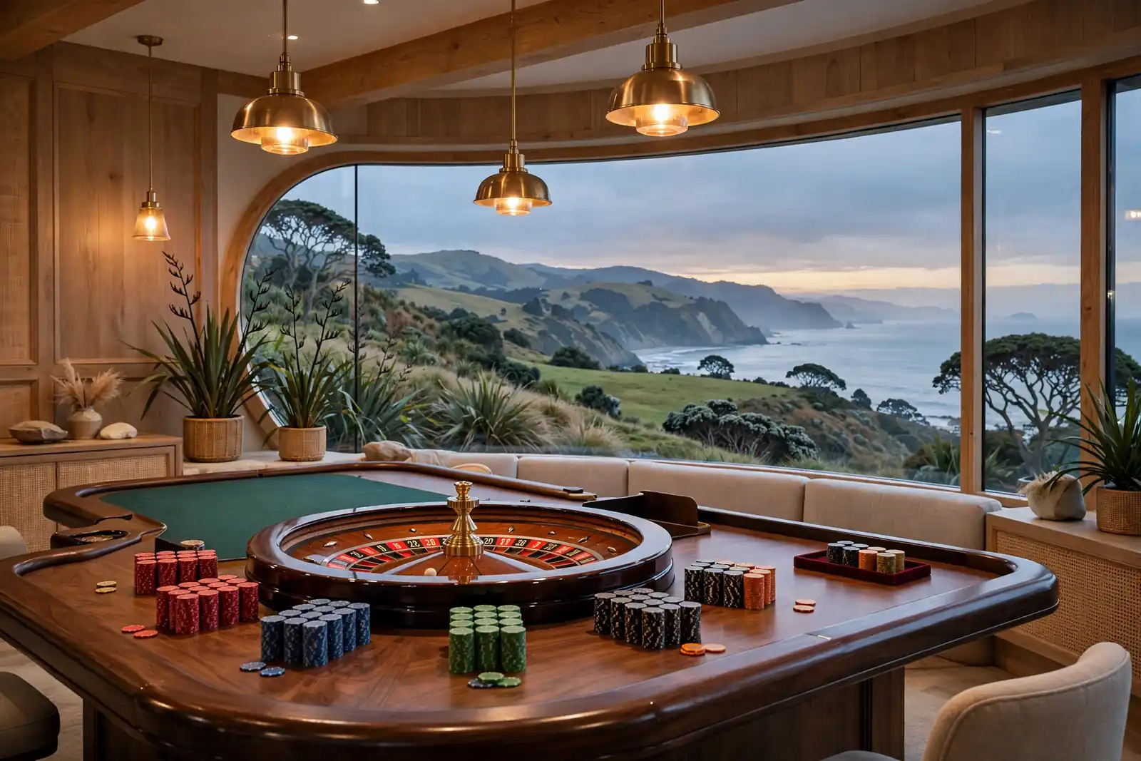 Elegant live casino roulette table with chips overlooking New Zealand coastal landscape at dusk.
