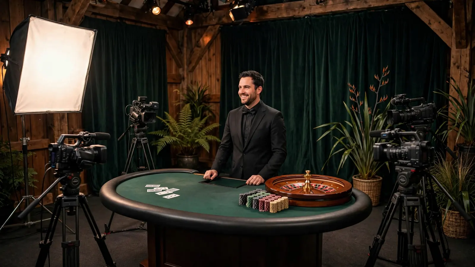 Live dealer studio with broadcast cameras and casino table