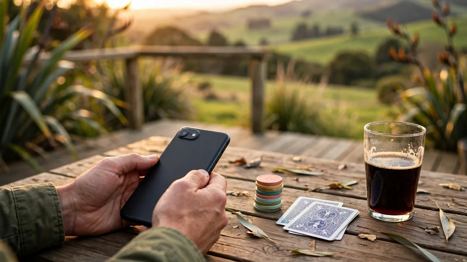 Hands holding a smartphone face-down next to casino chips and cards on a table with New Zealand hills behind.