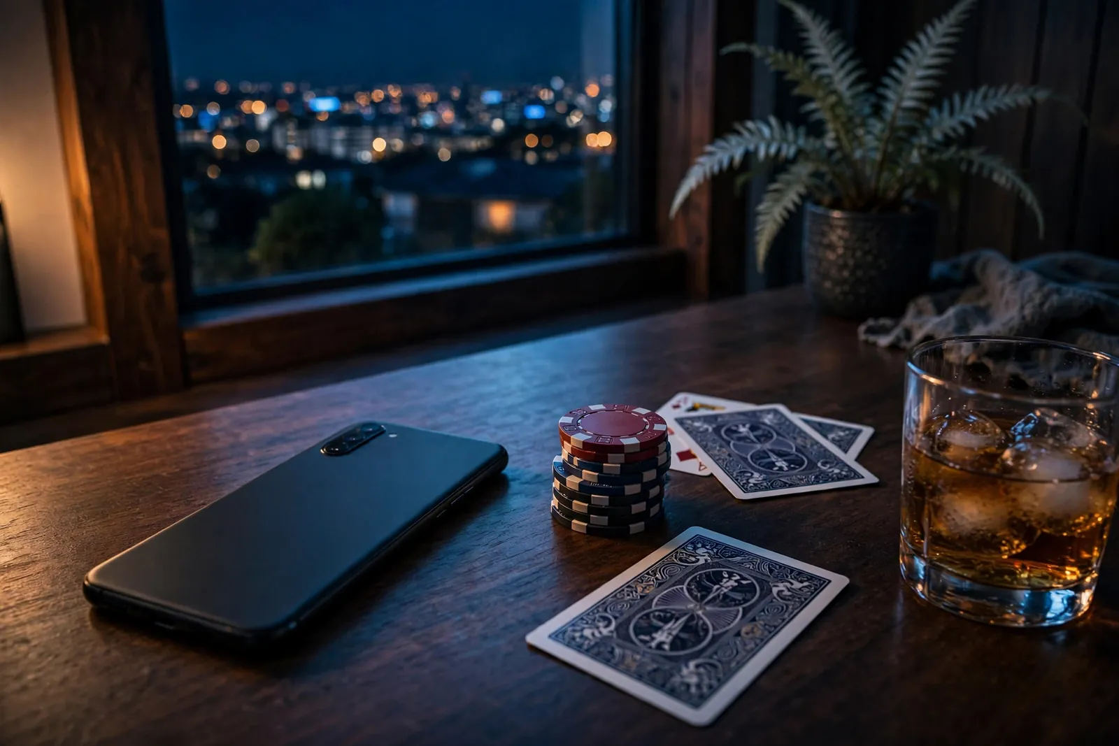 Smartphone face-down with casino chips and cards on a table, city lights in background
