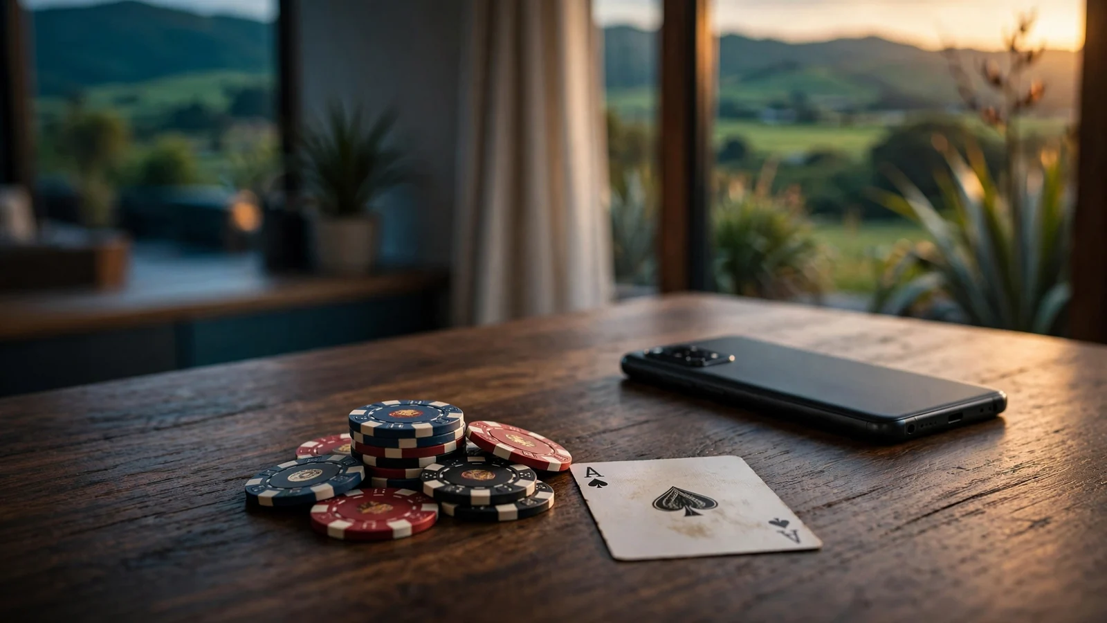 Android phone on a table beside casino chips, New Zealand home at dusk