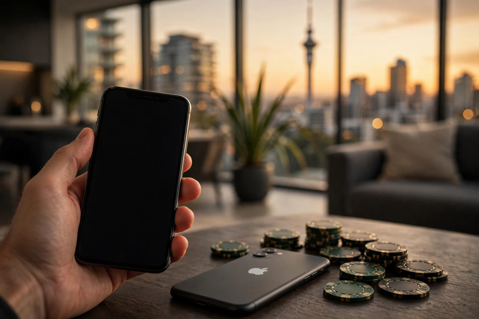 iPhone with casino chips on a table, Auckland skyline at sunset
