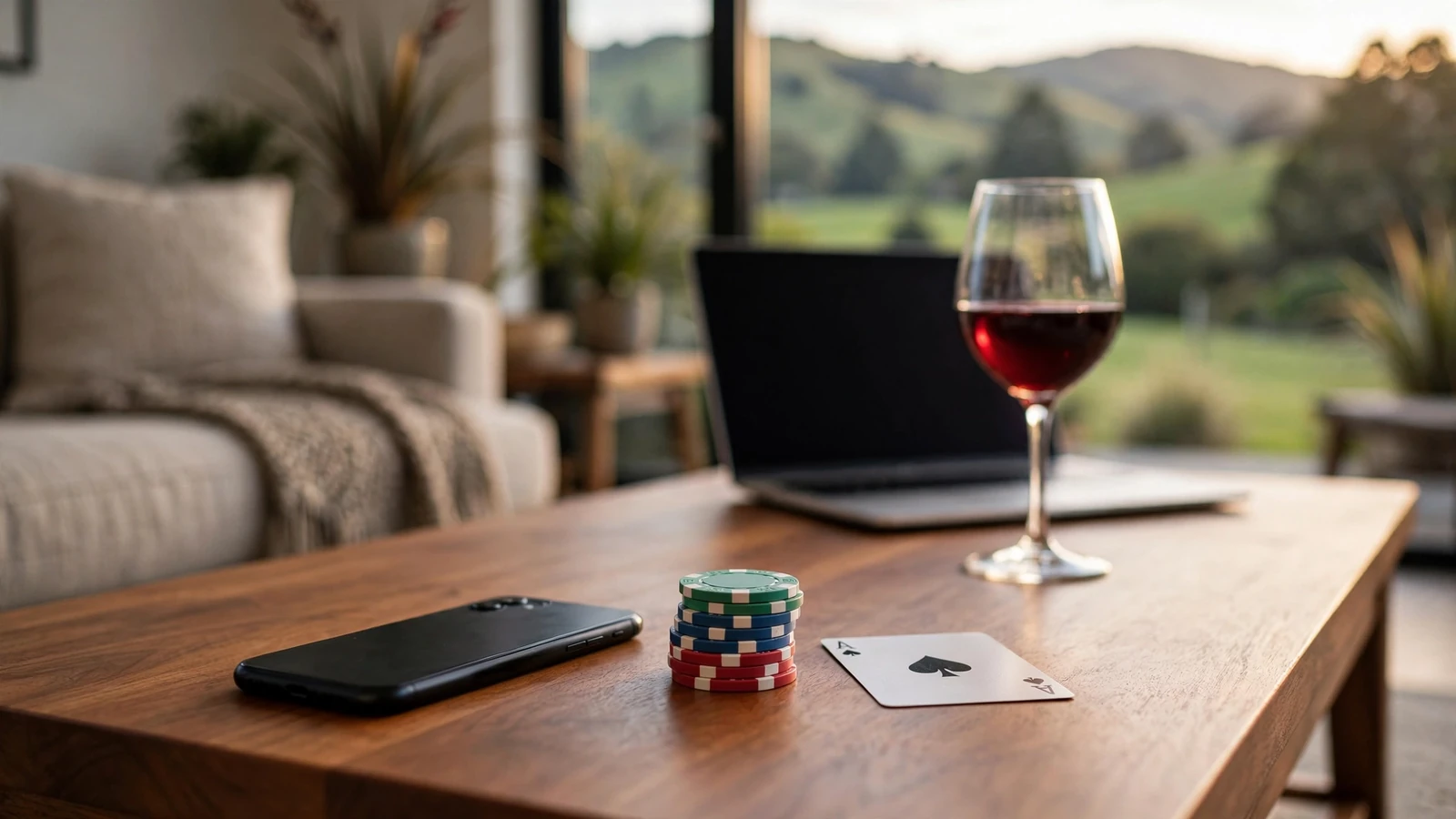Smartphone face-down on a table with casino chips and a playing card, New Zealand home interior background