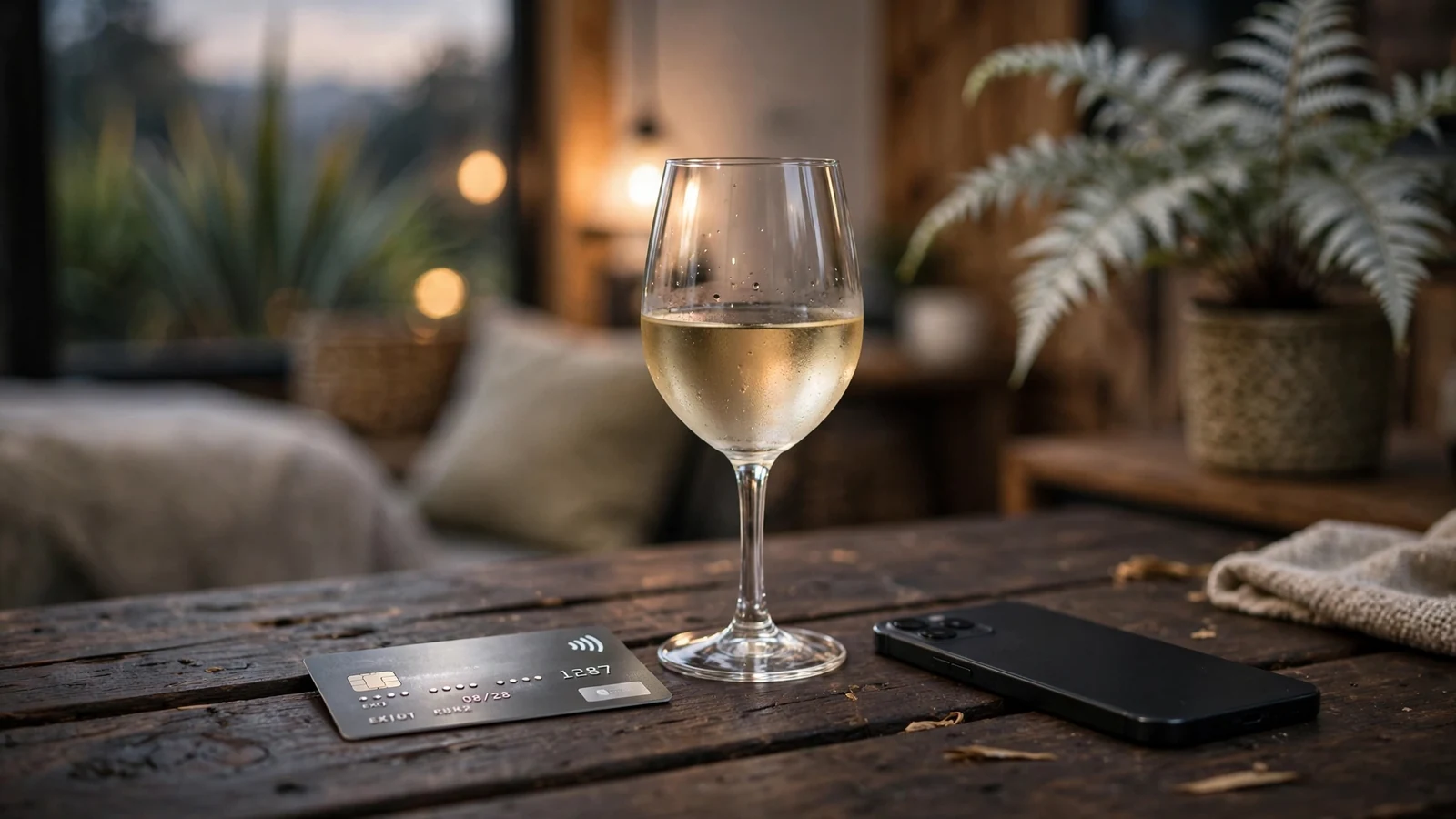 Credit card on a wooden table with a glass of New Zealand wine and a phone face-down.