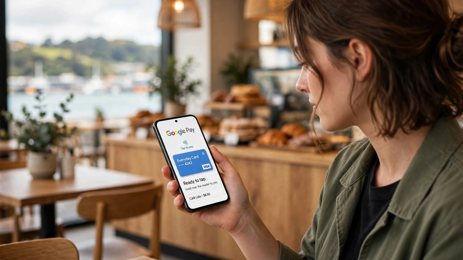 Person using smartphone with Google Pay at a modern New Zealand café