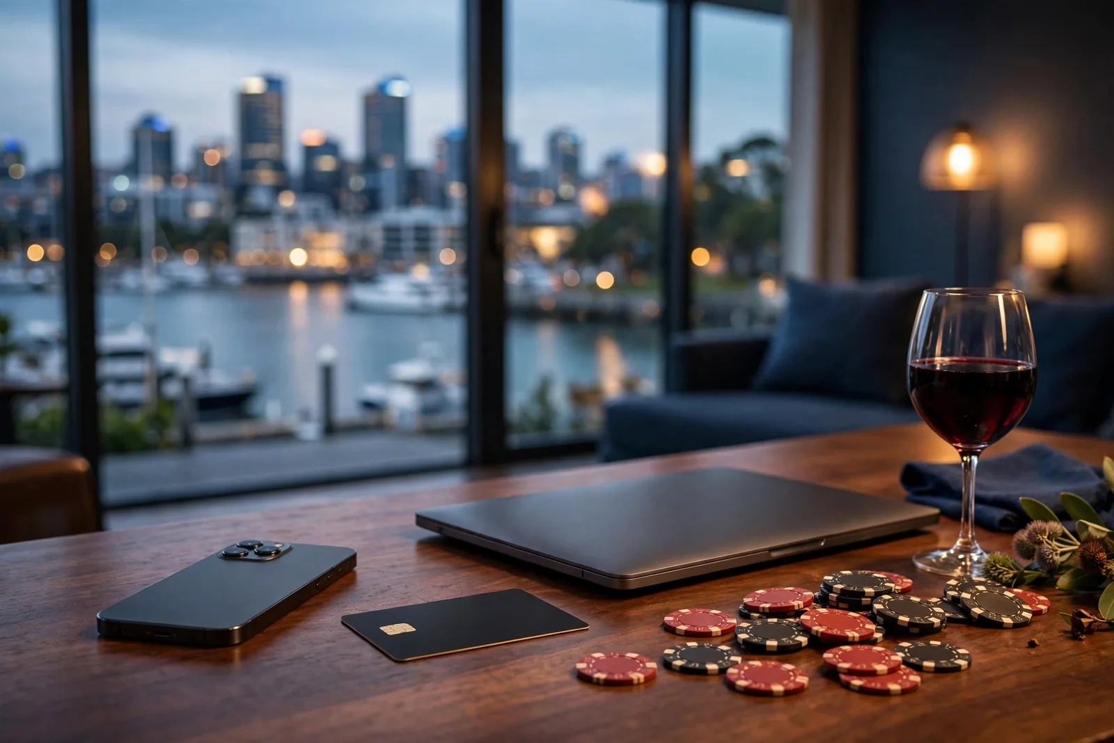 Stylish Auckland apartment desk with smartphone, laptop, casino chips, and payment card at dusk