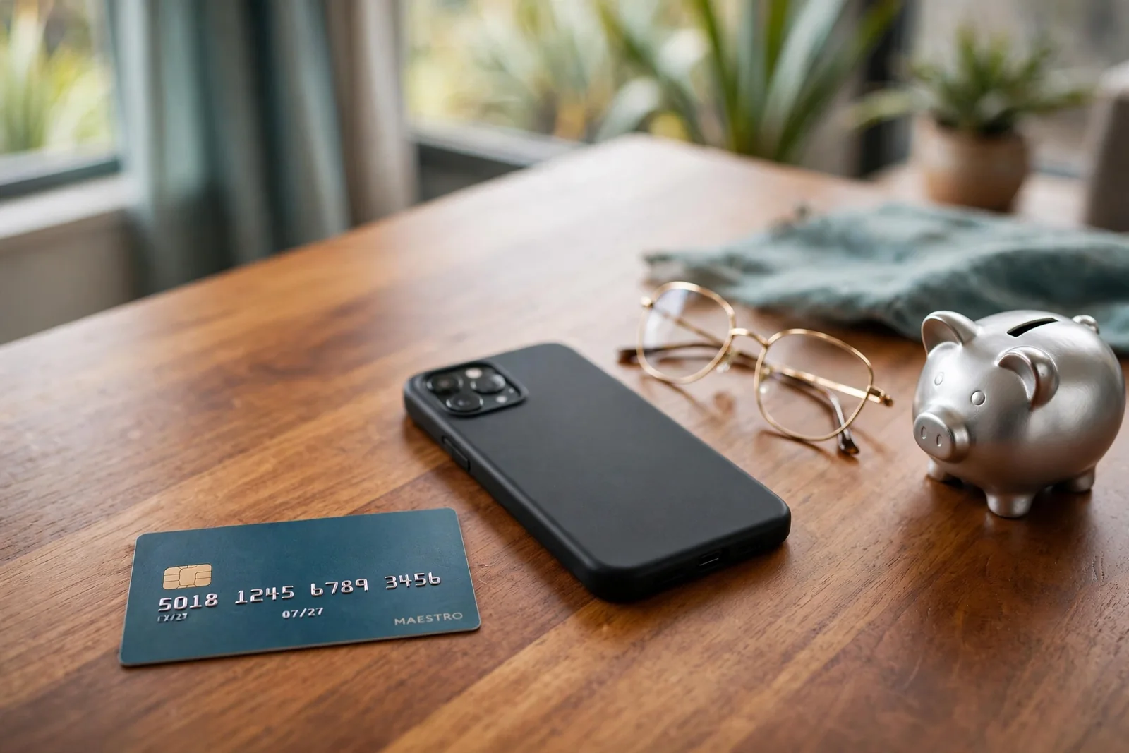 Maestro bank card on a wooden desk next to a face-down smartphone
