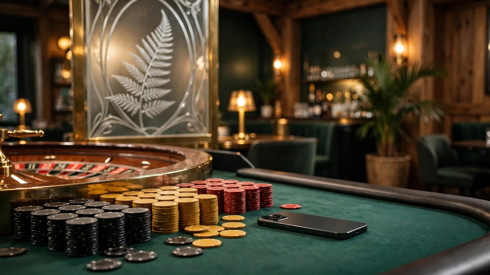 Elegant casino lounge with roulette table and smartphone face-down