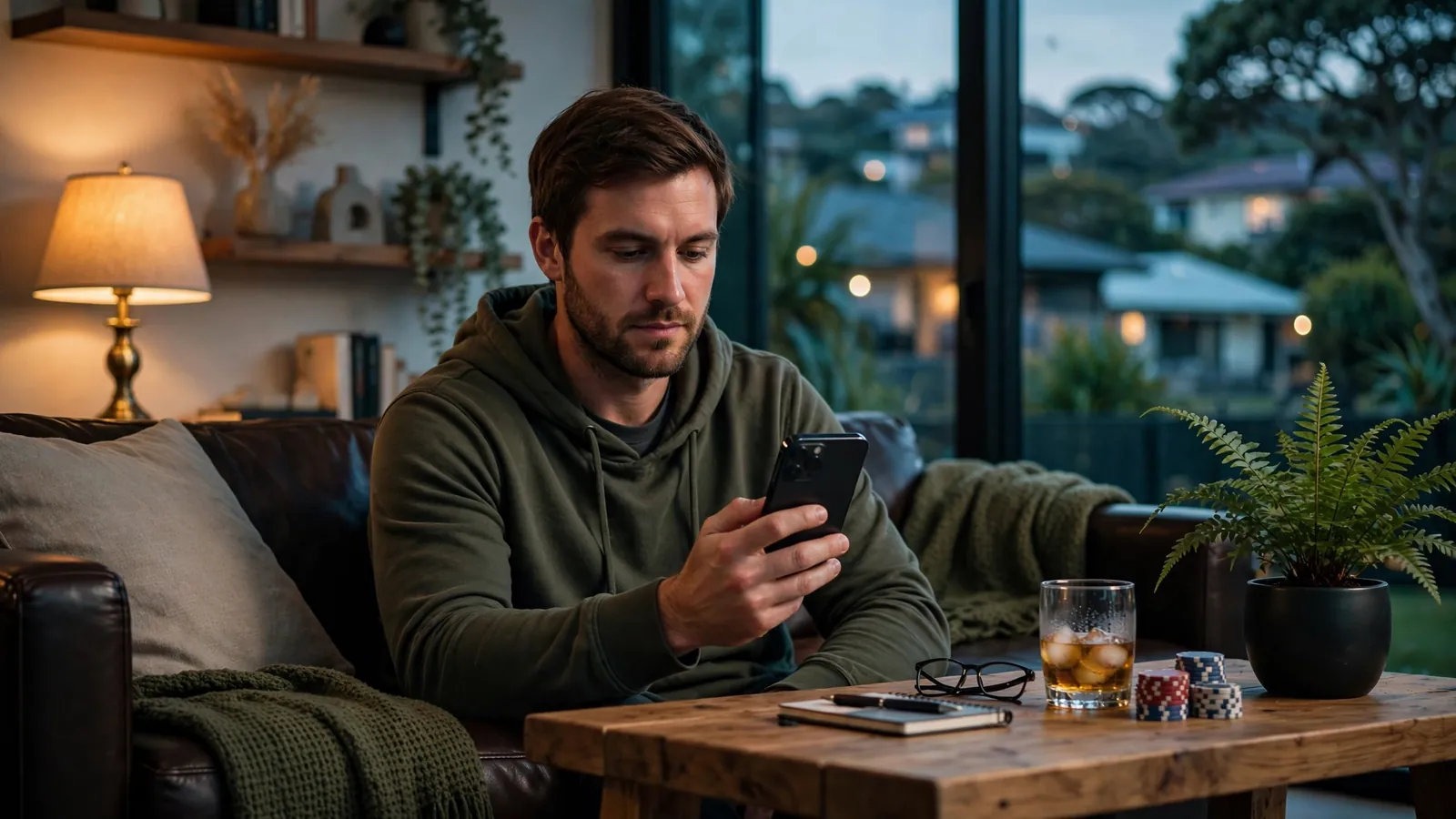 New Zealand man holding a smartphone near casino chips at home