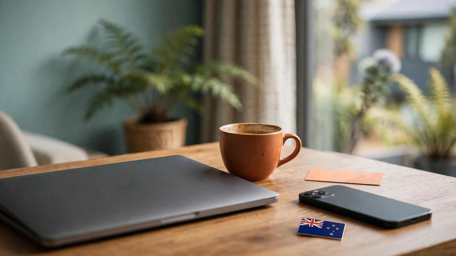 Laptop closed beside a Neosurf voucher on a desk in a New Zealand home setting