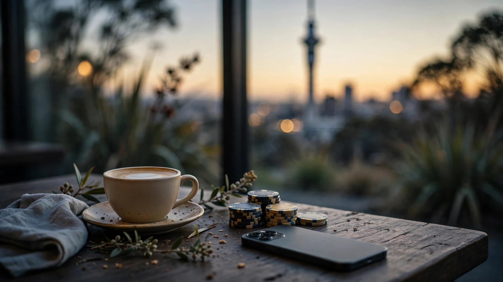 Smartphone, poker chips, and flat white on a table with Auckland skyline at dusk