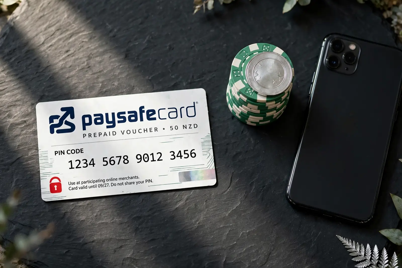 Paysafecard voucher with casino chips and a smartphone on dark background
