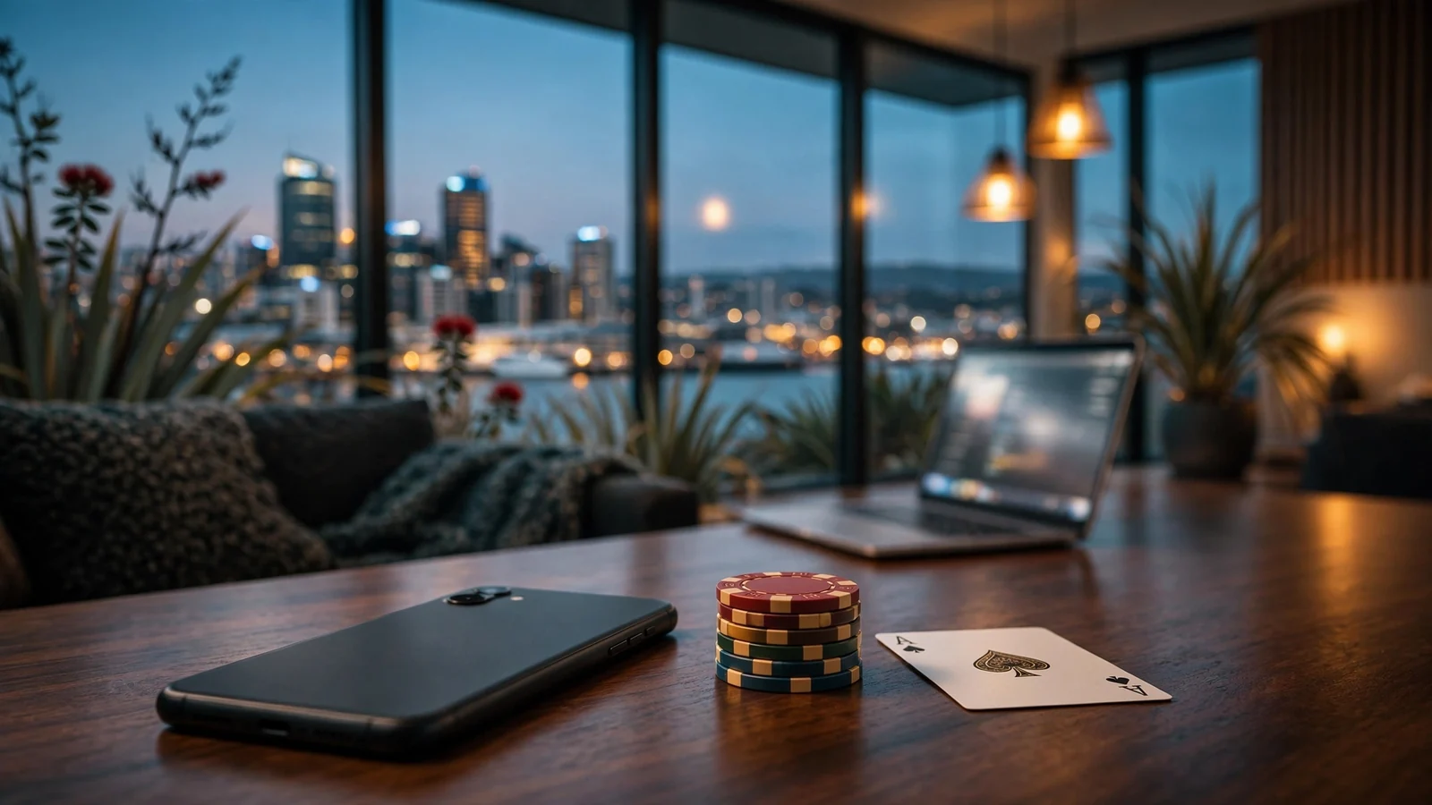 Smartphone face-down on table with casino chips, New Zealand apartment background.