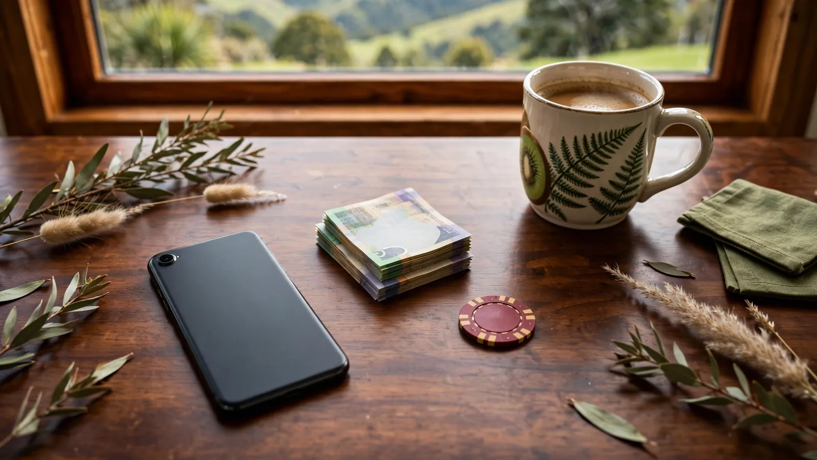 Smartphone face-down on desk with New Zealand dollars and a casino chip, warm Kiwi home setting.