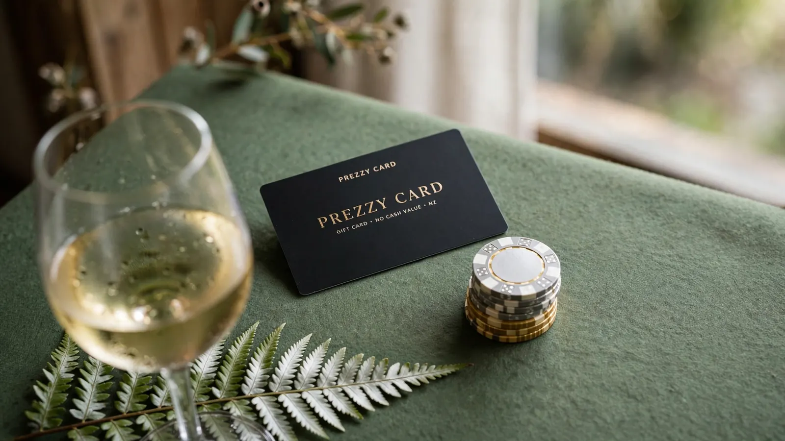 Generic gift card on a casino-themed table with chips, wine, and a silver fern.