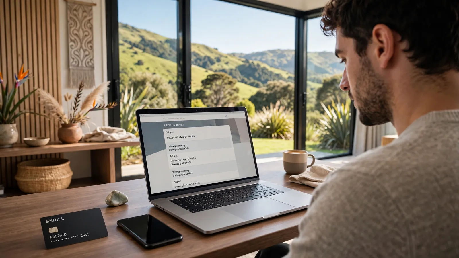 Person at a desk in a modern New Zealand home using a laptop with a Skrill card nearby.