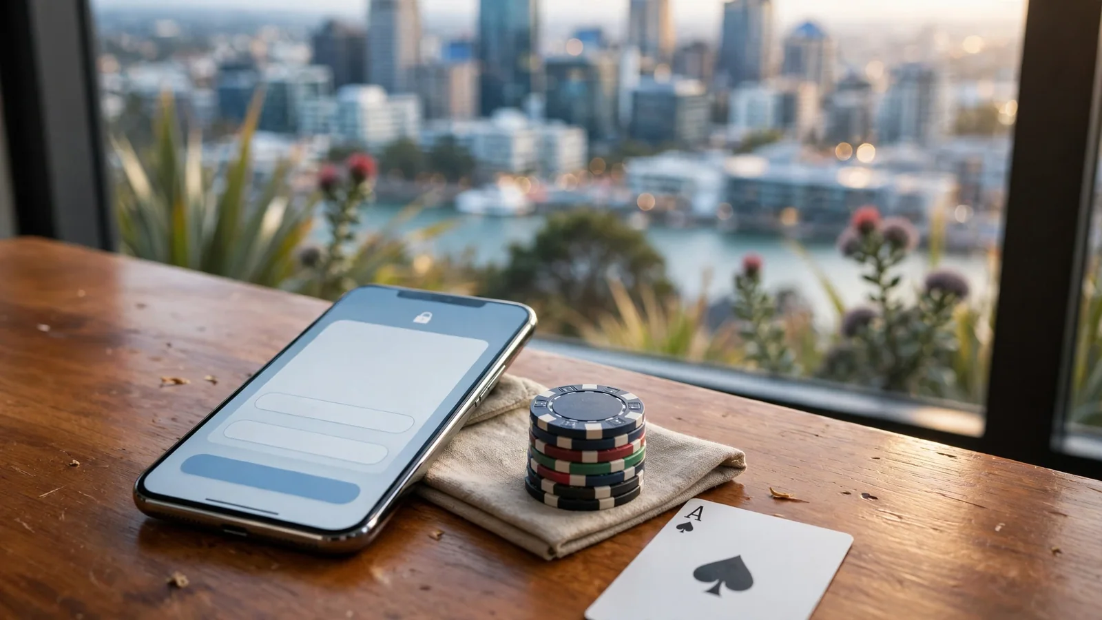 Smartphone with banking app beside casino chips and a card, Auckland cityscape background.