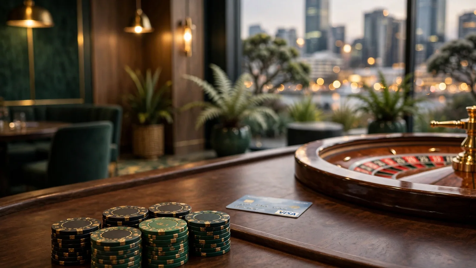 Casino table with chips, roulette wheel, and Visa card in New Zealand setting