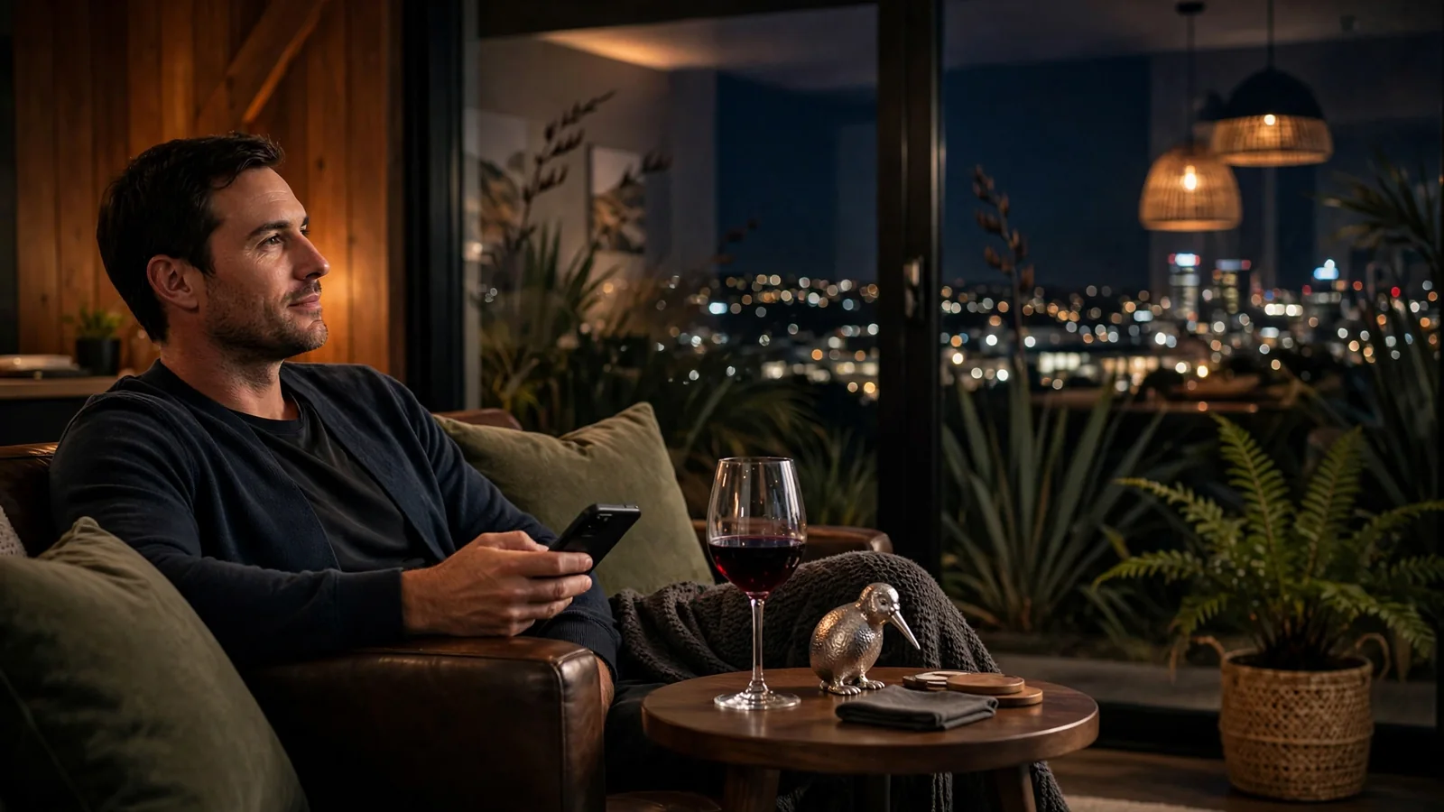 Person relaxing in a New Zealand lounge with a phone, warm evening atmosphere