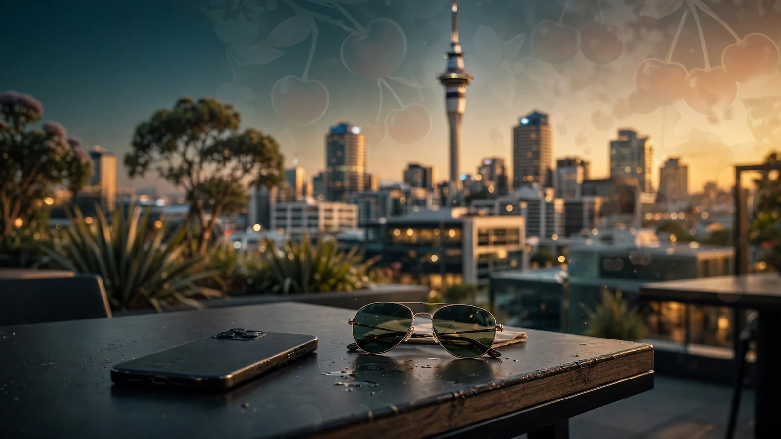 Auckland skyline with Sky Tower at golden hour, subtly themed for New Zealand online pokies